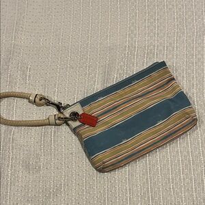 Coach Blue and Tan Striped Wristlet